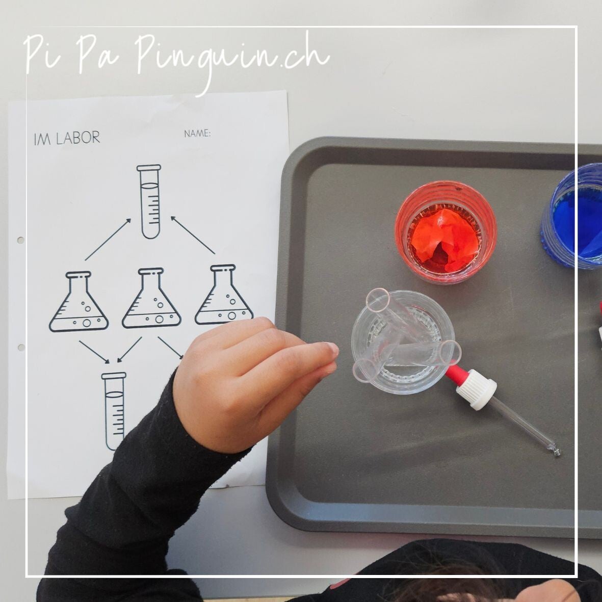 Kind dokumentiert ein Farbenexperiment mit gefärbtem Wasser, Pipette und Laborblatt zum kostenlosen Download für Kindergarten und Unterstufe.