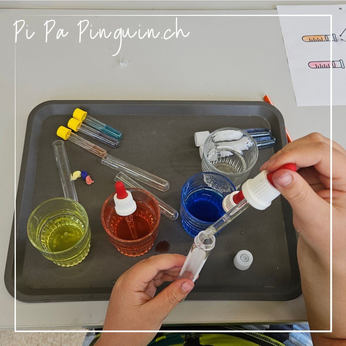 Kind experimentiert im Farbenlabor mit Pipetten, Reagenzgläsern und gefärbtem Wasser zum spielerischen Farbenmischen im Kindergarten oder in der Unterstufe.