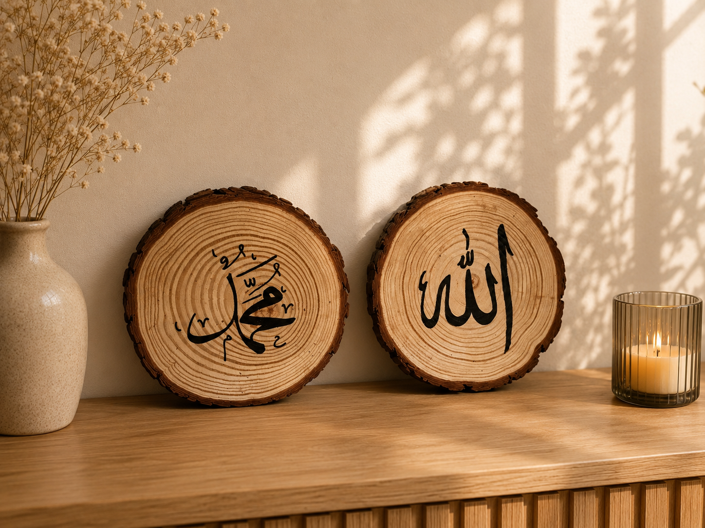 Set van 2 Houten Schijven met Arabische Kalligrafie – "Allah" en "Muhammed"