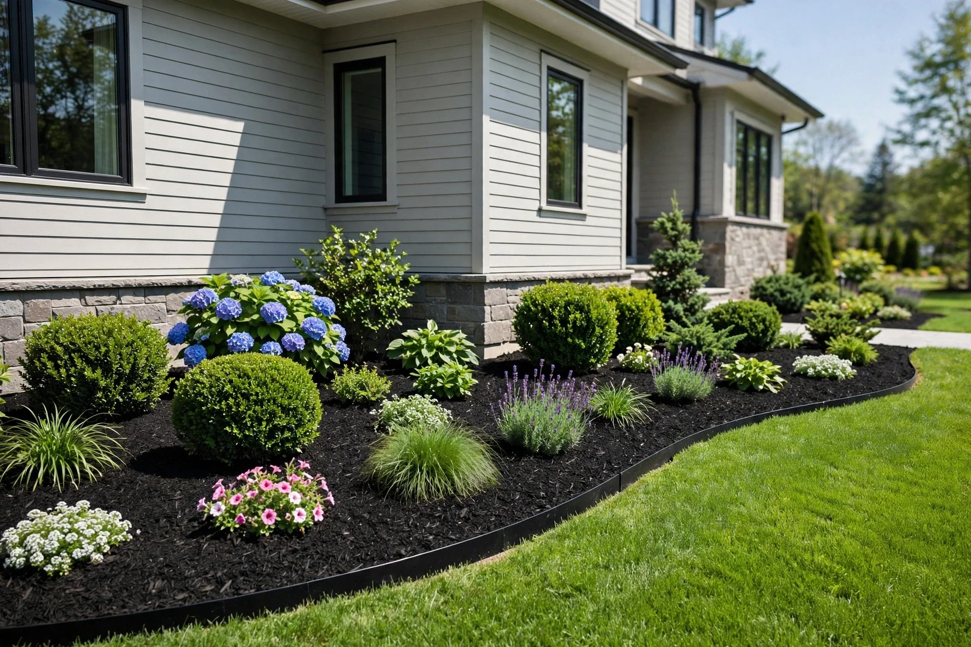 Fresh mulch bed installation and landscaping by Nienaber And Sons Lawn Care