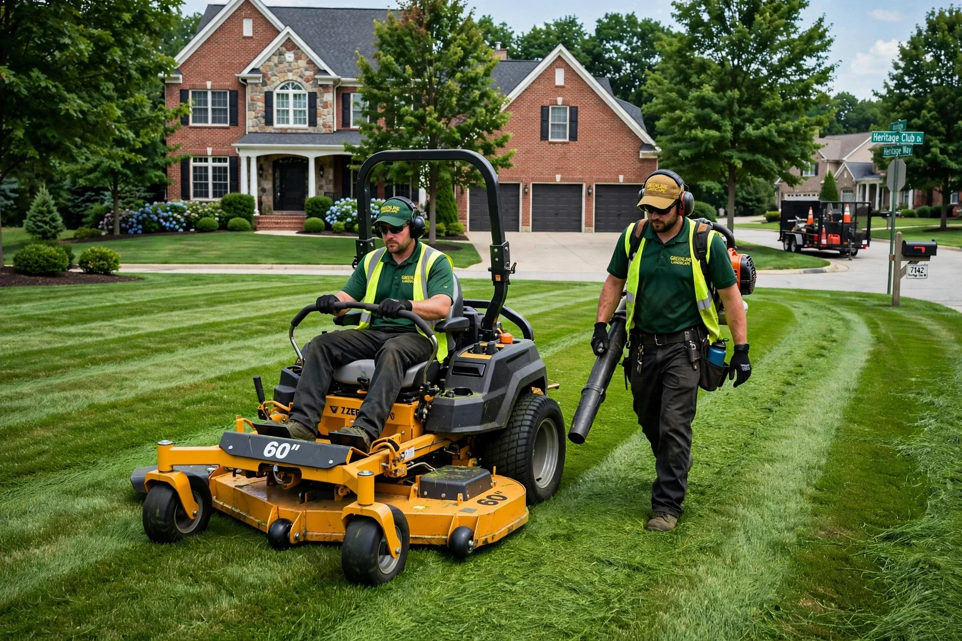 crew mowing large fescue lawn with stripes in Heritage Club Mason OH