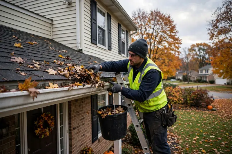 technician hand cleaning gutters on two story home in Crooked Tree Mason OH