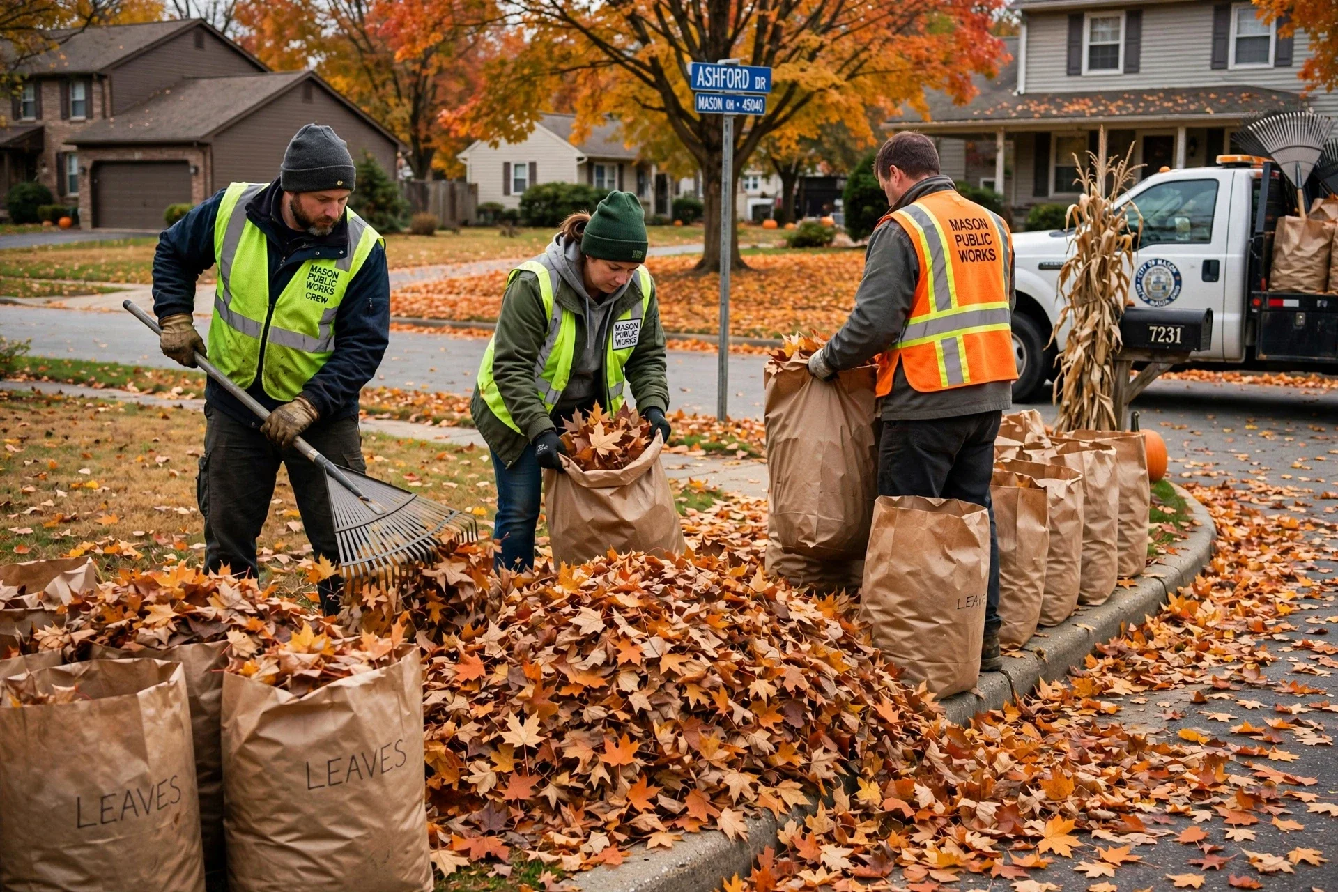 fall leaf cleanup and removal crew bagging leaves at curb in Deerfield Township Mason OH
