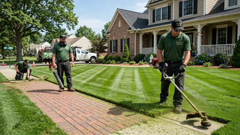 edging sidewalk along brick paver walkway on striped lawn in White Blossom Mason OH