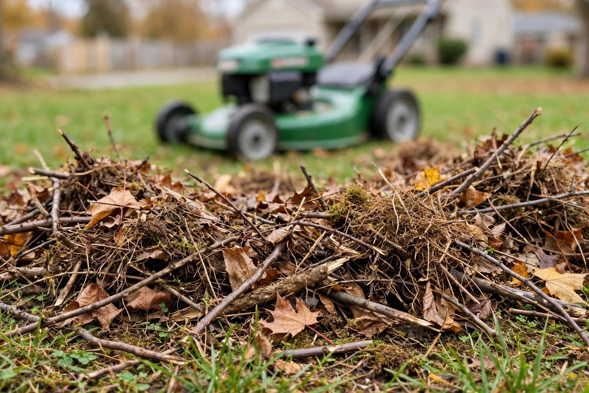 Fall lawn debris removal pile with sticks and leaves before winter cleanup in Sharonville Ohio by Nienaber And Sons Lawn Care