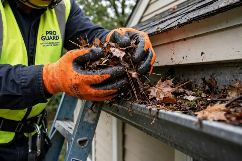 Hands in work gloves removing wet leaves and debris from clogged gutter by hand - detailed gutter cleaning service in West Chester, Sharonville, Blue Ash OH - Nienaber And Sons Lawn Care LLC