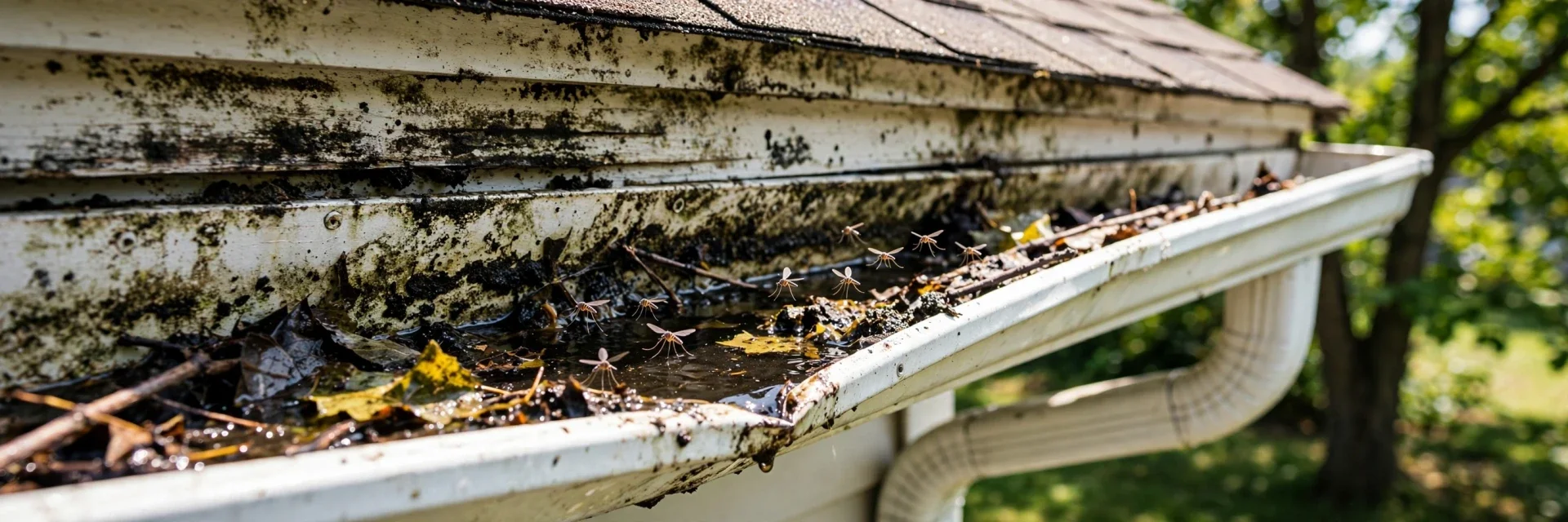 Clogged gutter with standing water, mosquitoes, and mold on fascia from trapped moisture