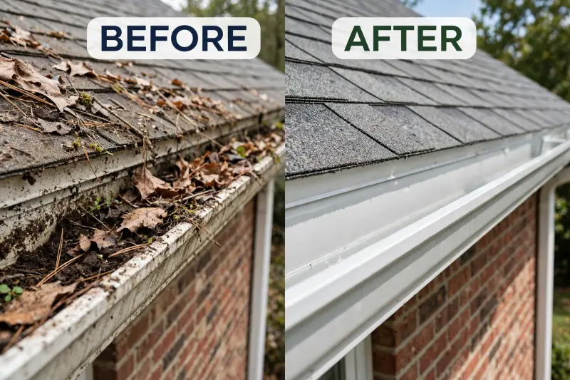 Before and after professional gutter cleaning service on a home in Cincinnati, Mason, Sharonville, and Cleves, showing debris removal and clean gutters.