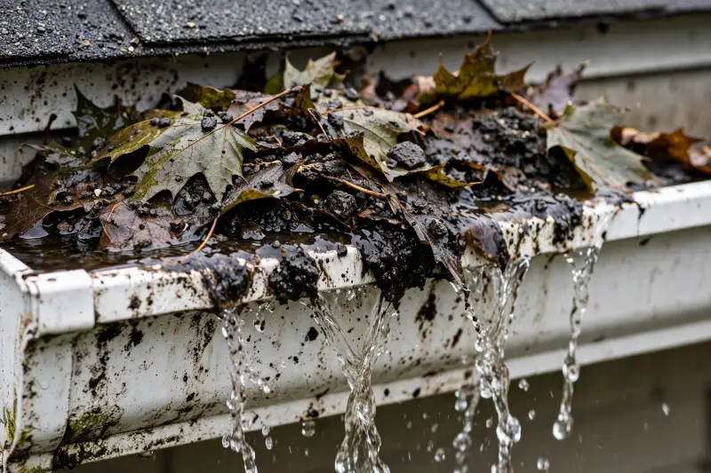 Clogged gutter overflowing with rainwater due to leaves and debris buildup causing basement flooding risk - emergency gutter cleaning needed in Cincinnati OH - Nienaber And Sons Lawn Care LLC