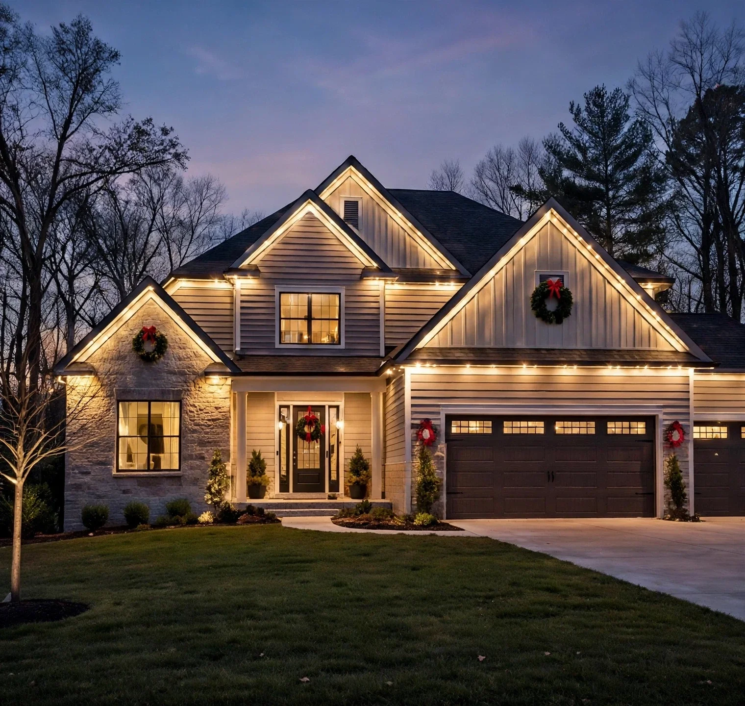 Permanent architectural holiday lighting installed on a home roofline in Cincinnati Ohio