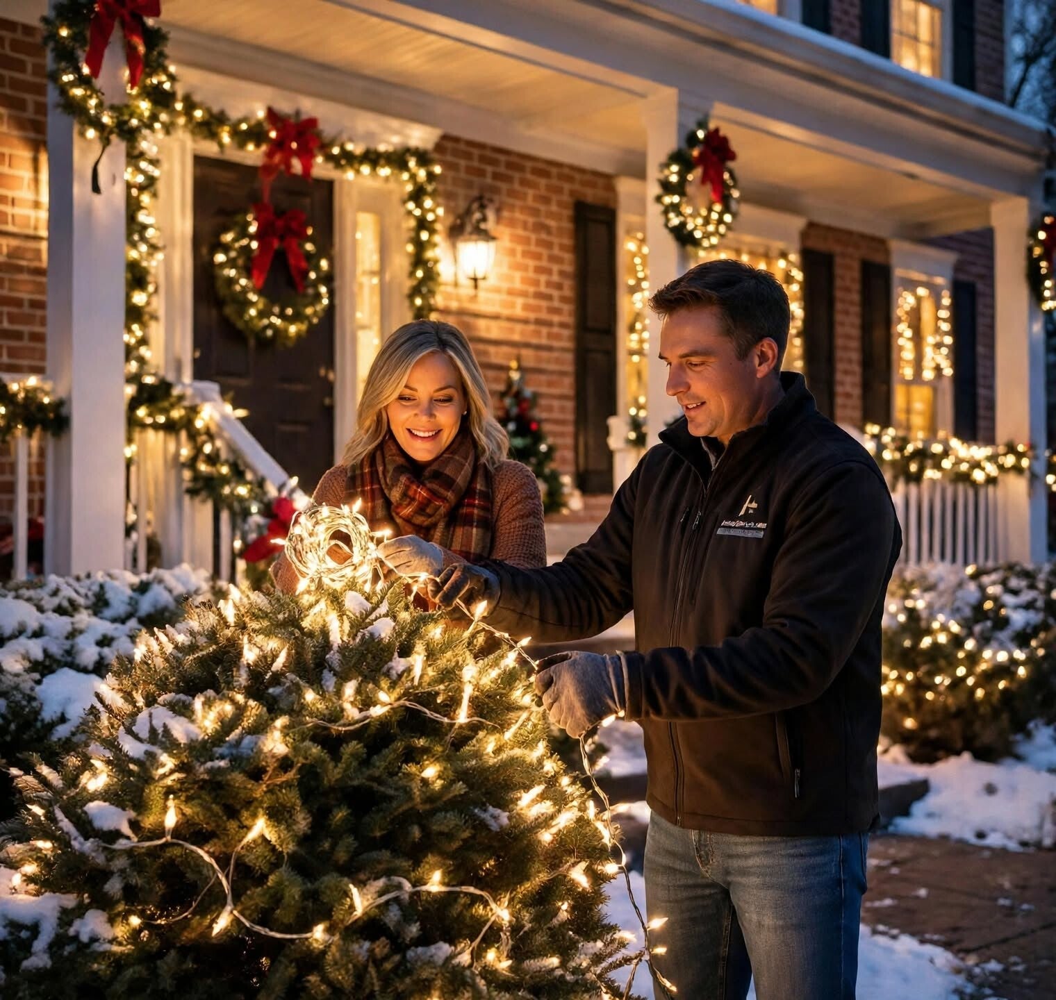 Homeowners wrapping outdoor shrubs with holiday lights during a professional installation service