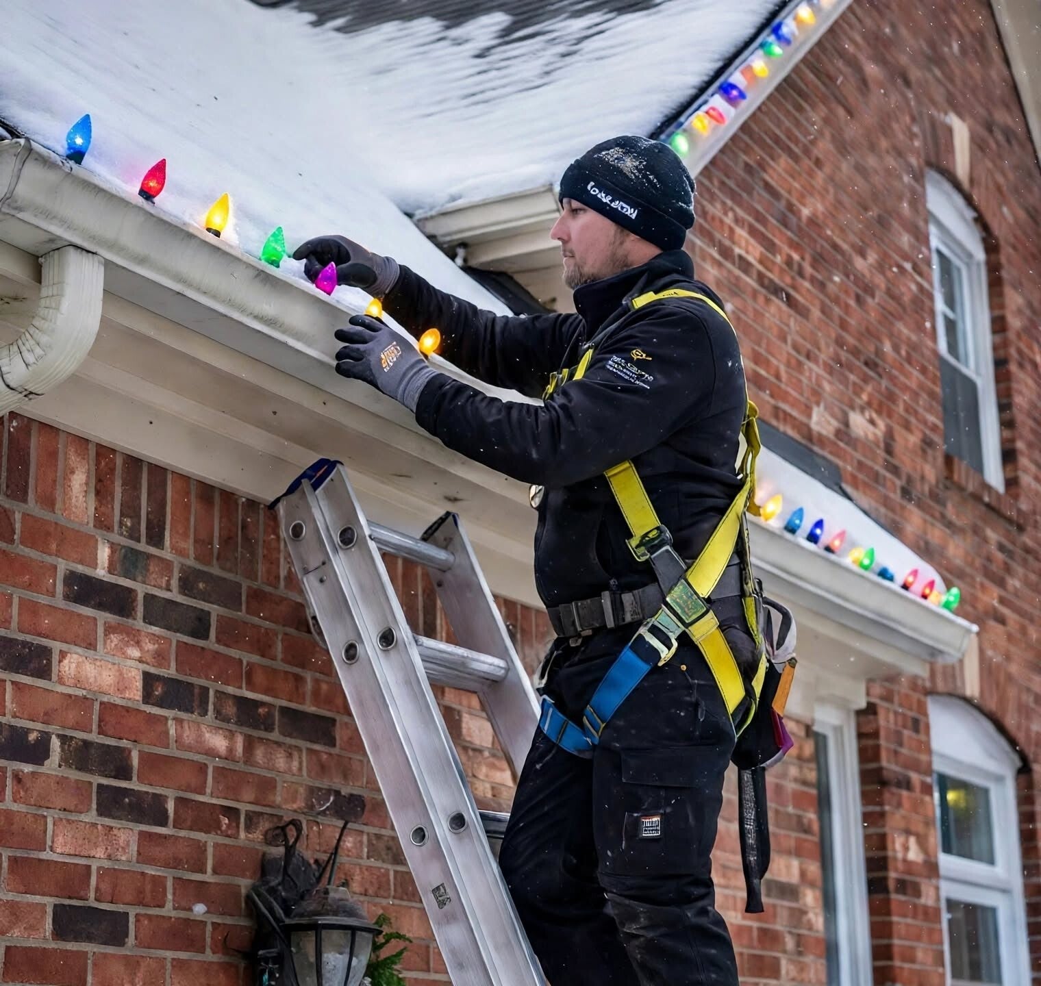 Professional technician installing custom-cut holiday lights on a house in Mason Ohio