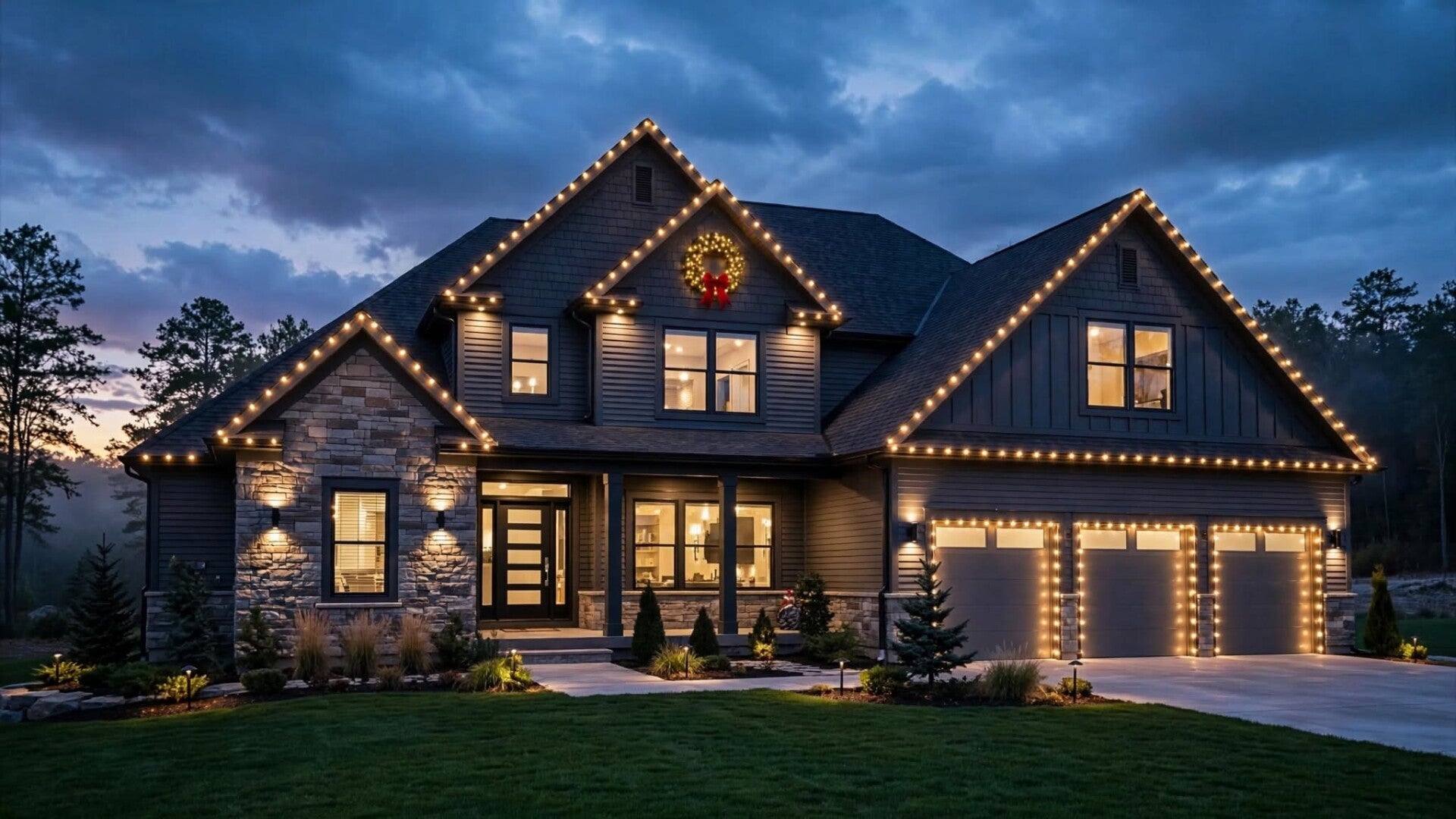Permanent architectural holiday lighting installed along a custom home roofline and garage in Greater Cincinnati
