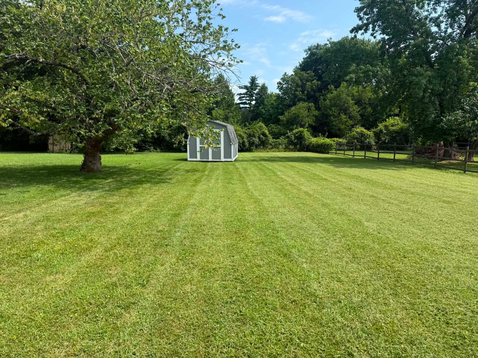 Mowed lawn with crisp stripes and clean driveway edging at a residential home in Fairfield Ohio