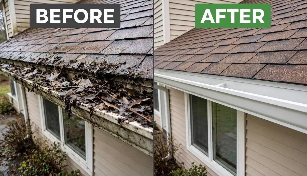 Gutter cleaning before and after project on a residential property in Mason, Ohio by Nienaber And Sons Lawn Care.