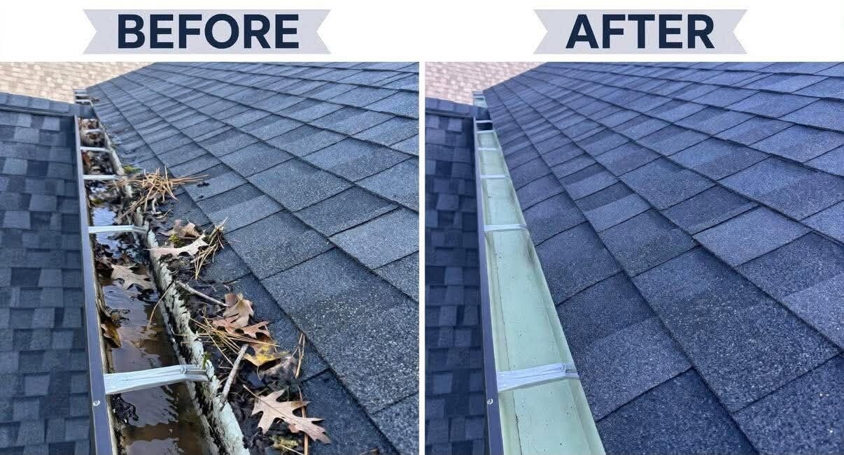 Before and after gutter cleaning photo in Cincinnati Ohio by Nienaber And Sons Lawn Care