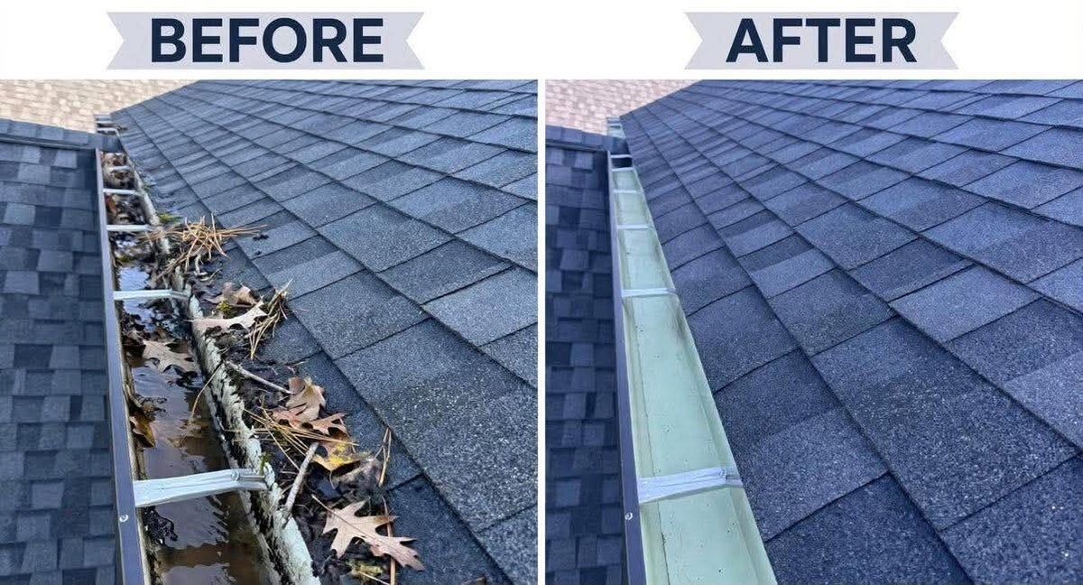 Before-and-after comparison showing gutter debris removal at a Cincinnati-area property by Nienaber And Sons Lawn Care L.L.C.
