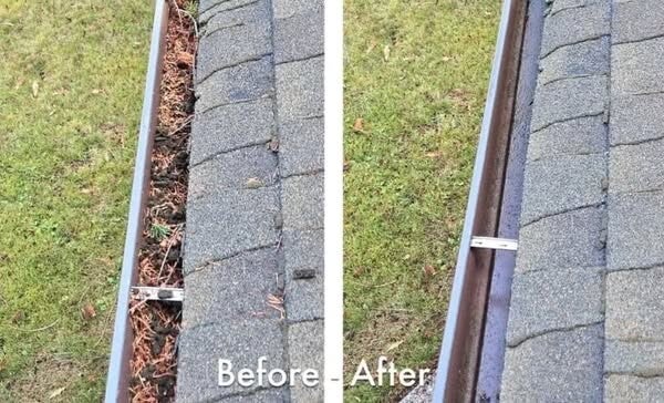 Gutter cleaning before and after debris removal and drainage restoration in Cincinnati, Ohio by Nienaber And Sons Lawn Care.