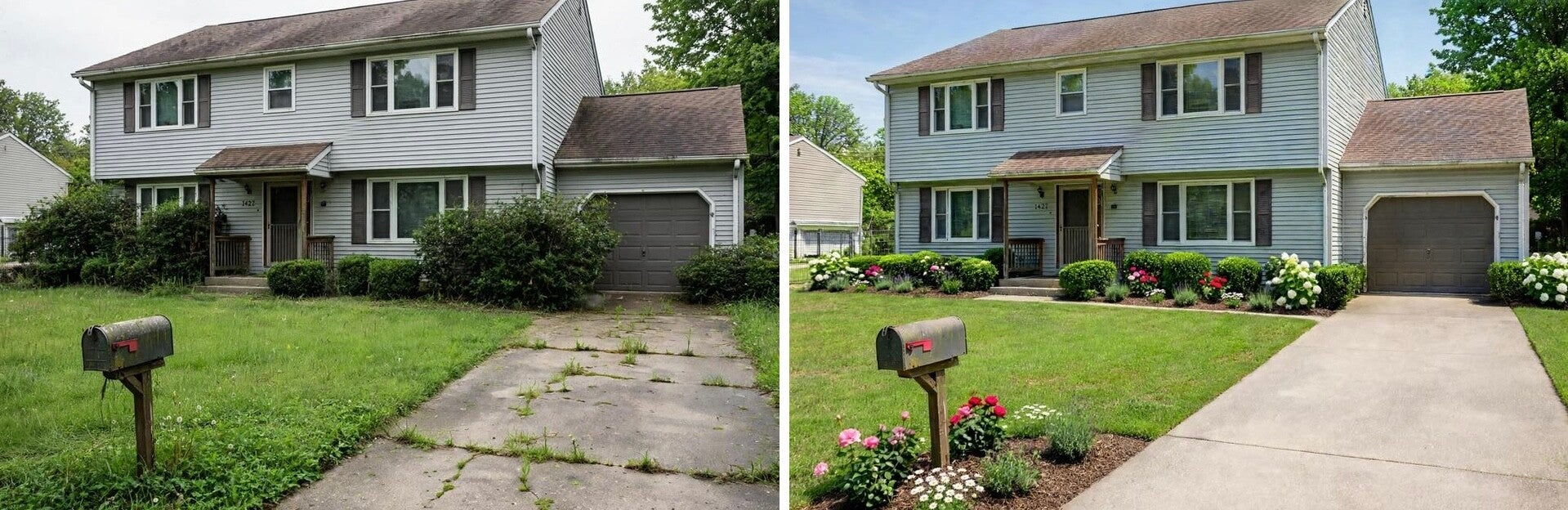 Professional landscaping transformation Mason Ohio - overgrown bushes and weeds to clean mulch beds and mowed lawn