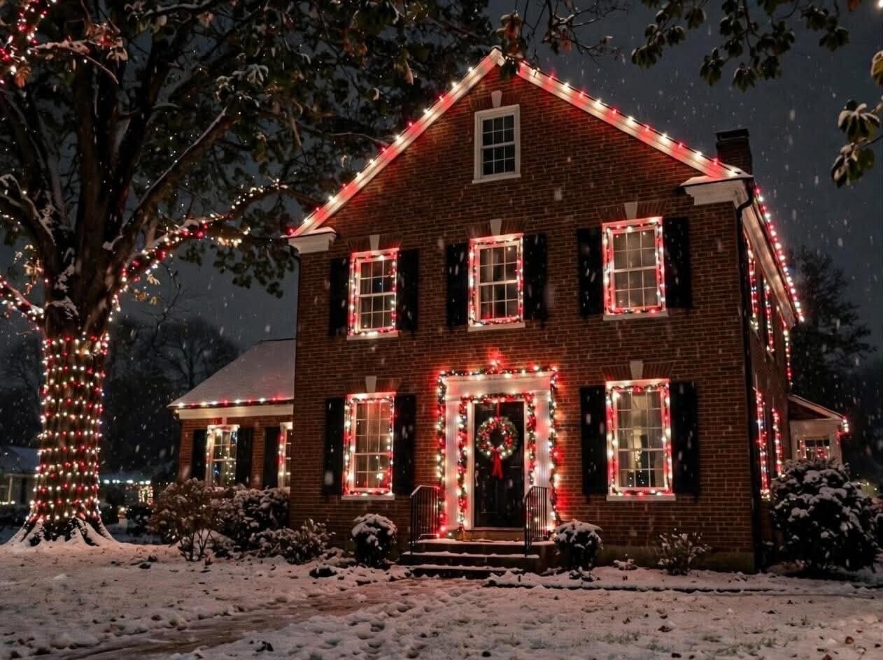Two-story brick house with warm white C9 Christmas lights outlining roofline, windows, and red wrapped tree trunks in Cincinnati.