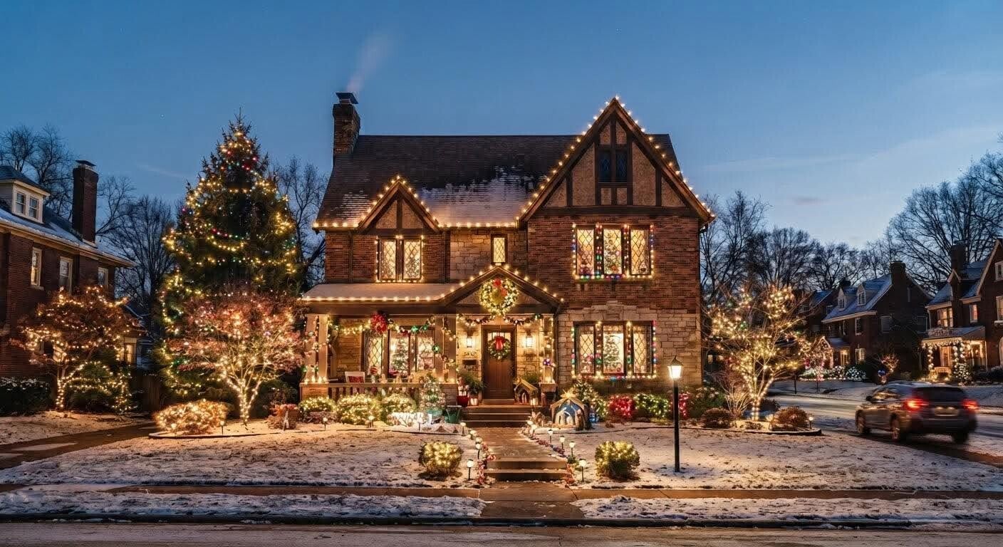 Exterior view of a suburban home decorated with professional holiday lighting for the winter season.