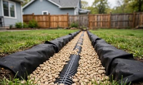 French drain installation by Nienaber And Sons Lawn Care to help manage excess yard water in Cincinnati, Ohio