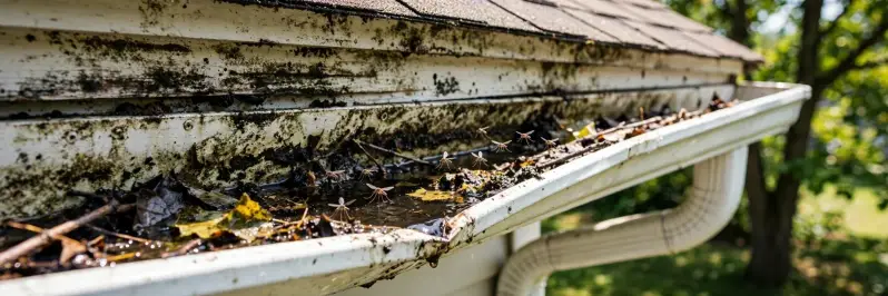 Clogged residential roof gutter filled with leaves and debris prior to gutter cleaning service
