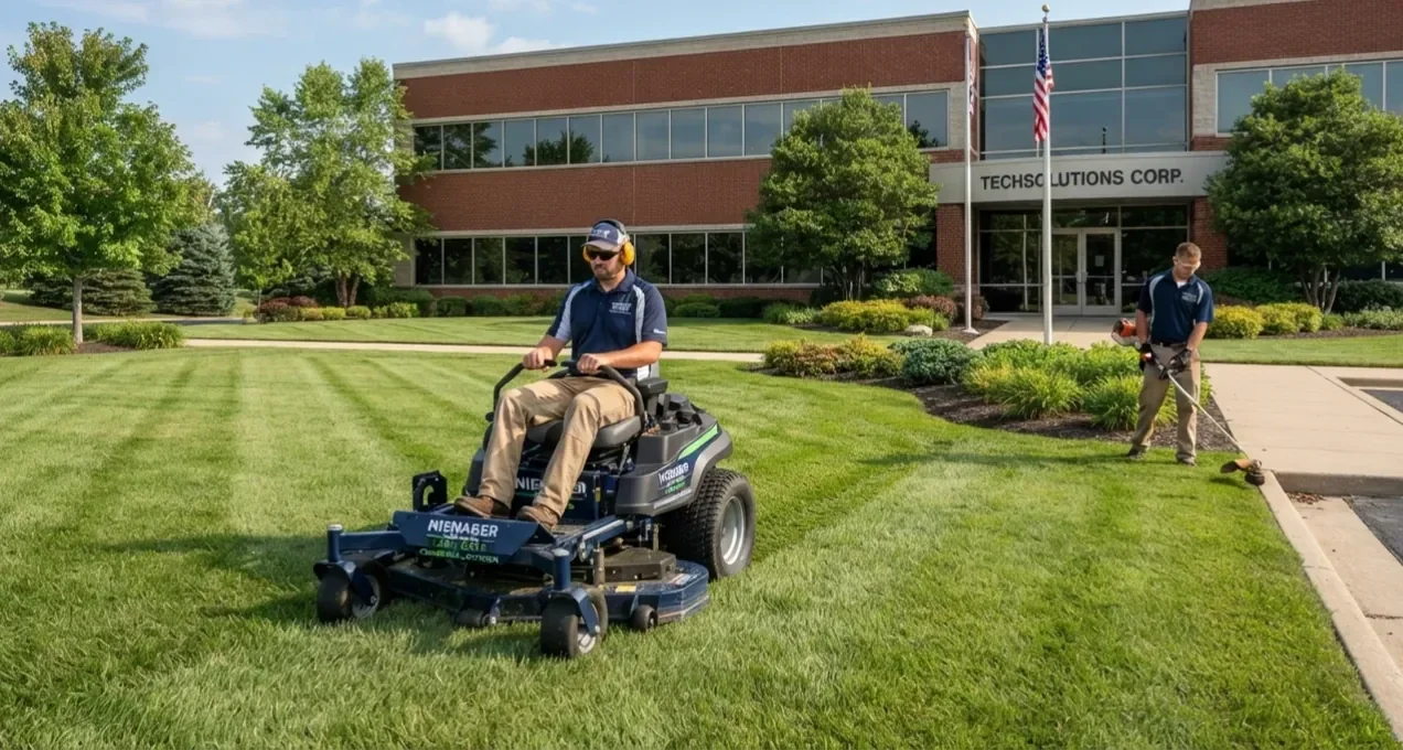 Professional lawn mowing service by Nienaber And Sons Lawn Care on a commercial lawn in Cincinnati, Ohio