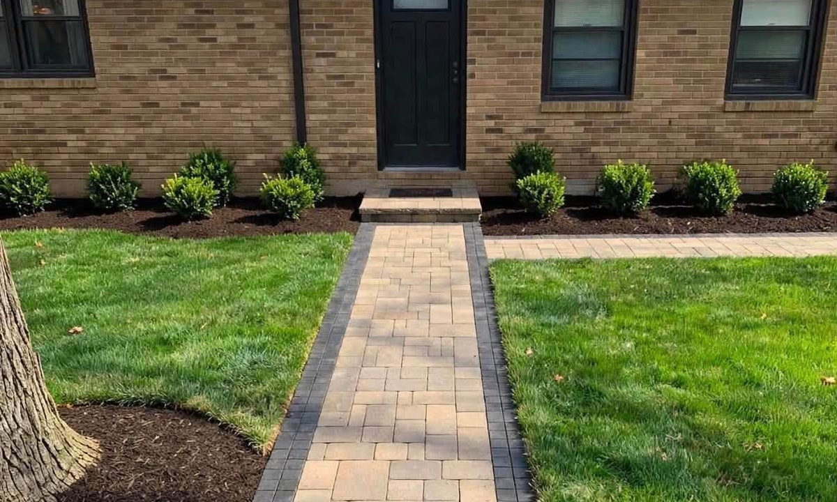 Paver patio and finished landscaping completed by Nienaber And Sons Lawn Care in Cincinnati, Ohio