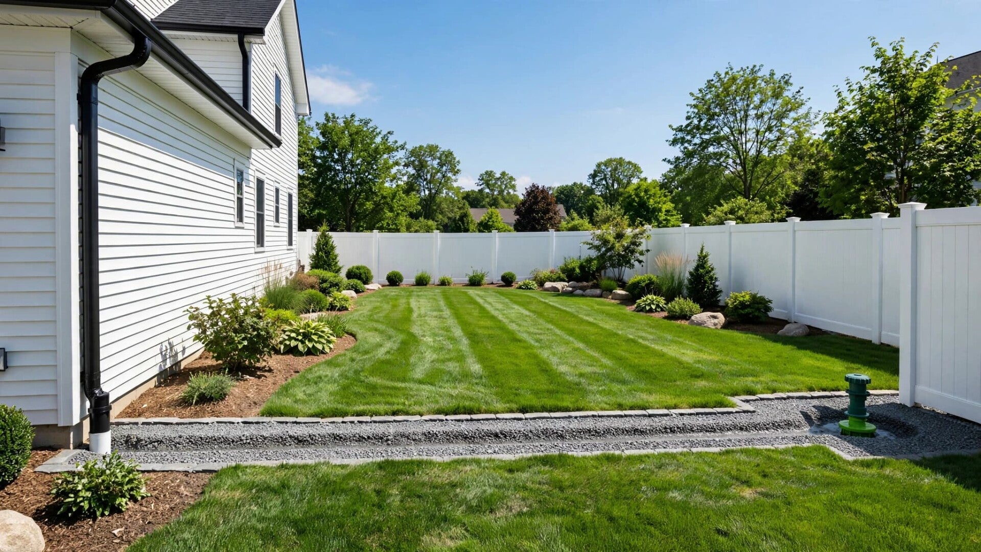 Drainage solutions hero - French drain and grading keeps Cincinnati backyard dry with striped lawn and white vinyl fence