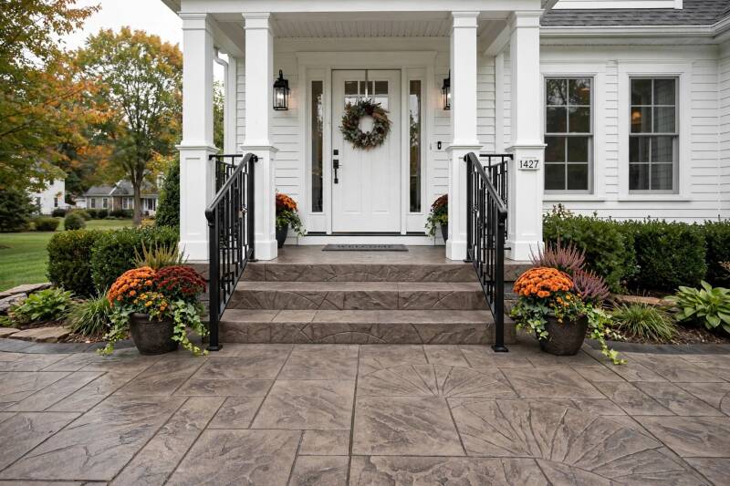 Stamped concrete front entryway with steps and black railings in Cincinnati OH
