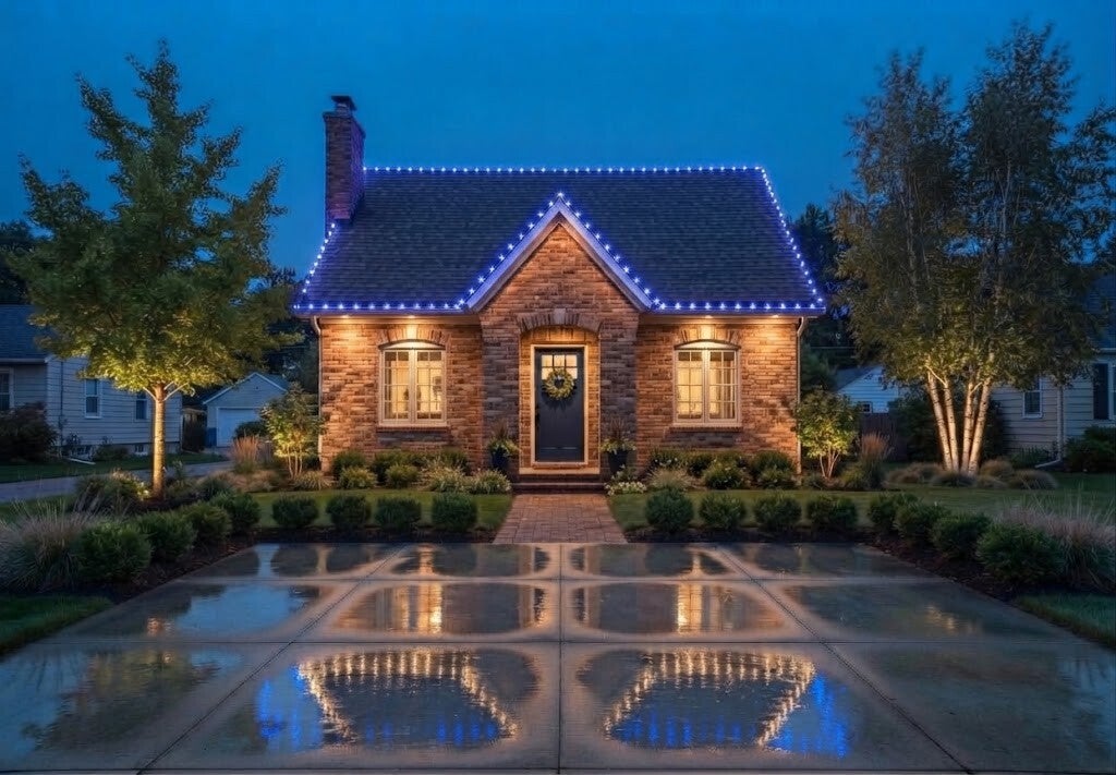 C9 Christmas lights installed along the roofline of a Cincinnati home