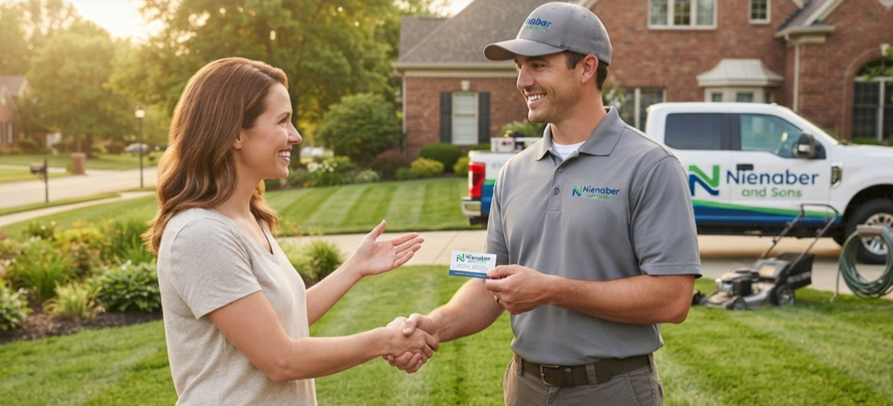 Nienaber and Sons Lawn Care professional providing a free estimate to a local resident in Cincinnati⁠