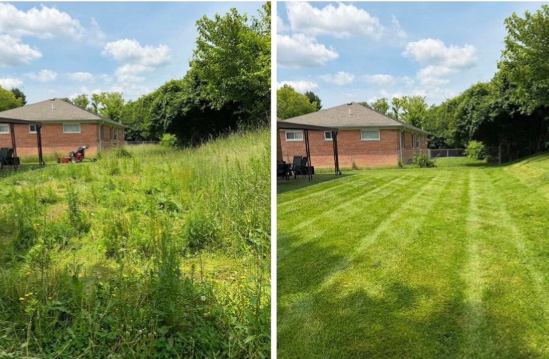 Before and after lawn mowing transformation with precision striping in Sharonville, Ohio by Nienaber and Sons Lawn Care