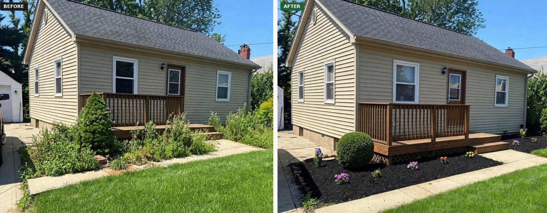 Side-by-side before and after photo showing overgrown garden bed cleanup and fresh mulch in Cincinnati.