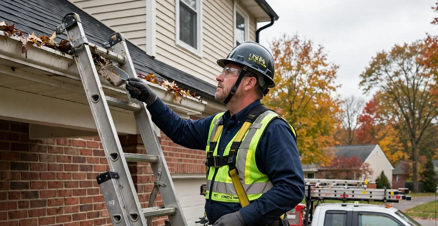 Professional gutter cleaning technician on ladder removing leaves from gutter - safety harness and gloves - residential gutter cleaning service in Harrison, Cleves, Delhi OH - Nienaber And Sons Lawn Care