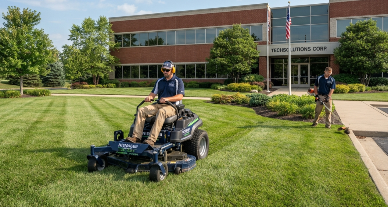 Professional crew from Nienaber and Sons Lawn Care maintaining the grounds with a commercial zero-turn mower and string trimmer outside a corporate office building in Cincinnati, OH.