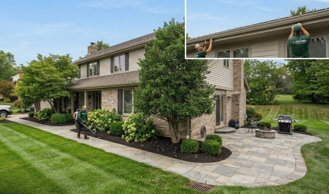Professional property maintenance crew from Nienaber And Sons Lawn Care installing landscaping, paver patio, and holiday lights at a residential home in Delhi, OH.
