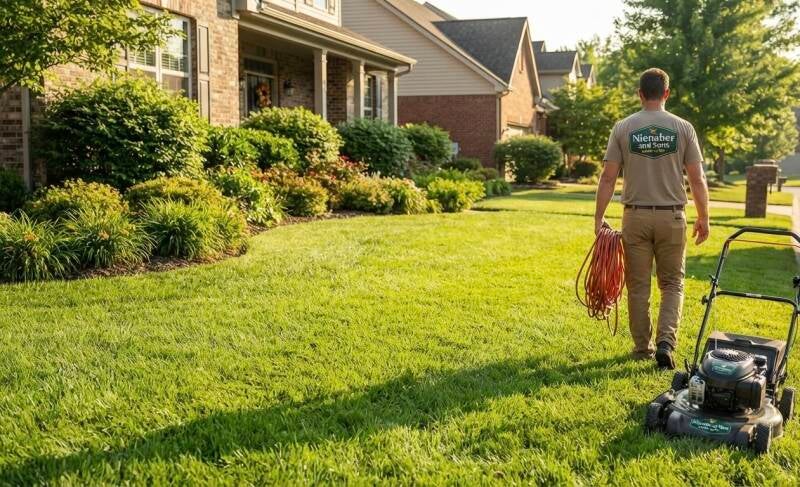 Nienaber and Sons lawn care worker wearing a branded shirt, walking toward a truck after mowing a lush, green residential lawn in Cincinnati on a sunny summer day.