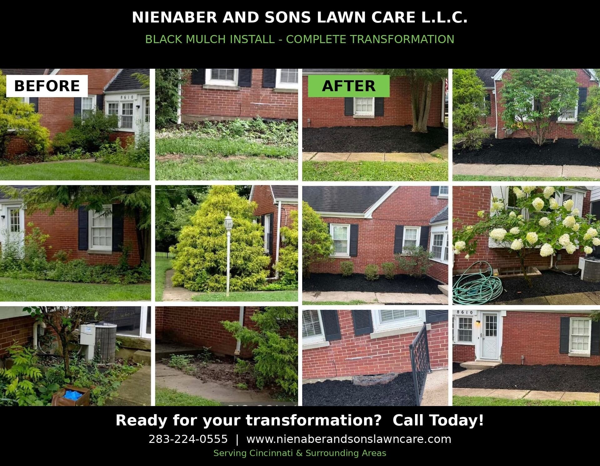 Before and after photo of a residential landscape transformation and garden bed cleanup by Nienaber & Sons Lawn Care in Cincinnati.