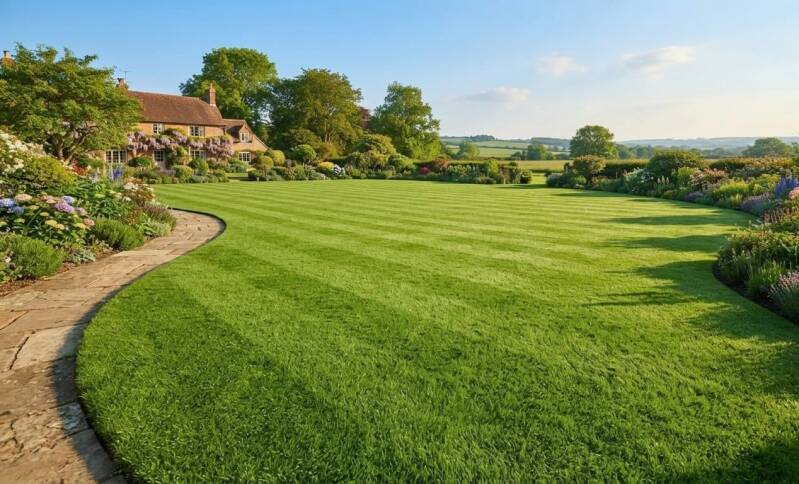Lush, vibrant green lawn with clean striped mowing patterns and professional hardscaping in a Cincinnati yard.