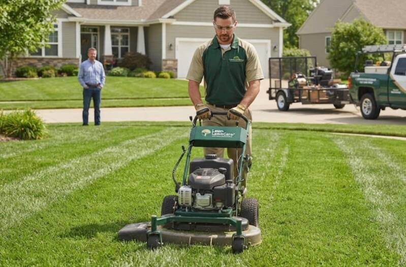 A professional crew member from Nienaber and Sons Lawn Care mowing a pristine residential lawn in Cincinnati, Ohio, with branded equipment and truck visible in the background.