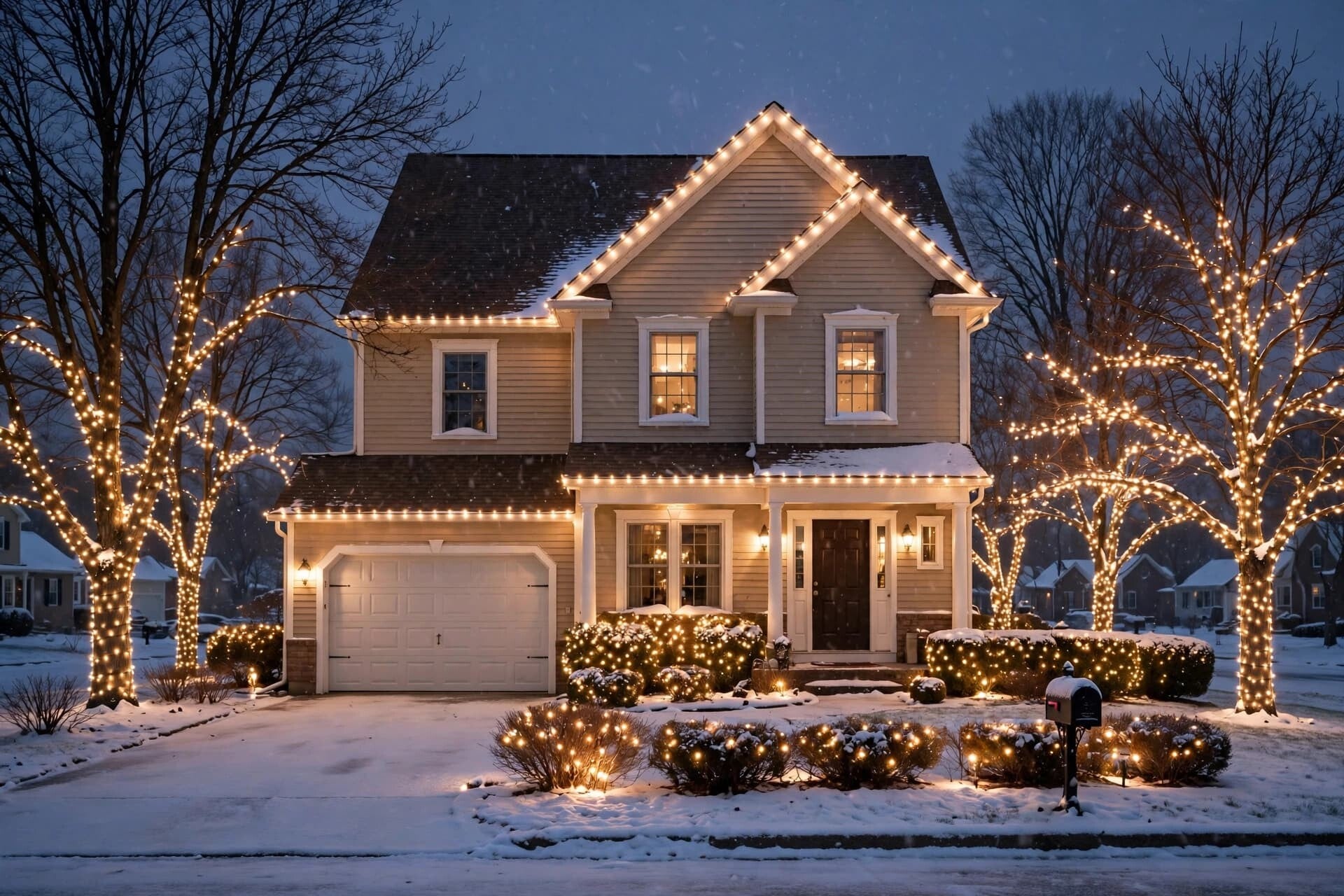 Christmas light installation Cincinnati Ohio - warm white roofline and tree lights