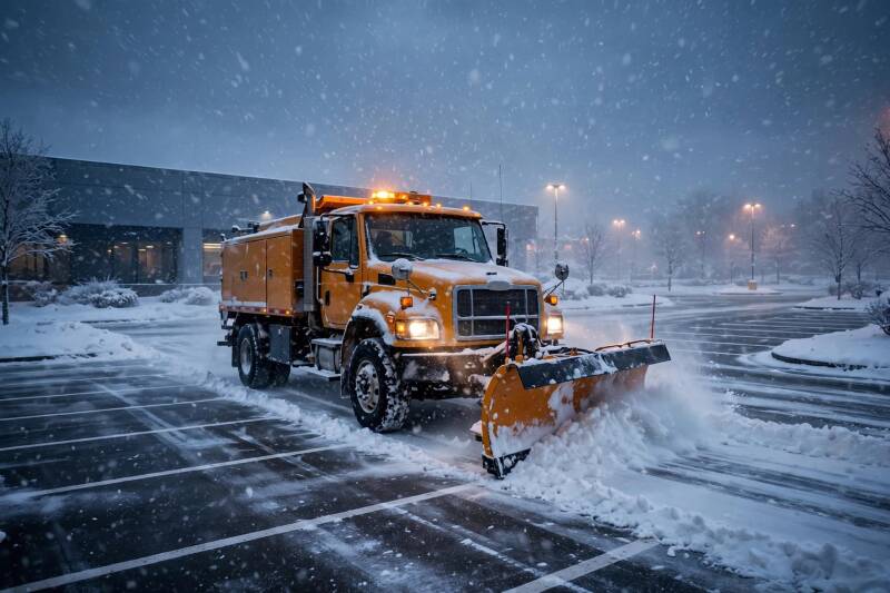 Commercial snow plow truck clearing parking lot during heavy snow in Cincinnati, OH