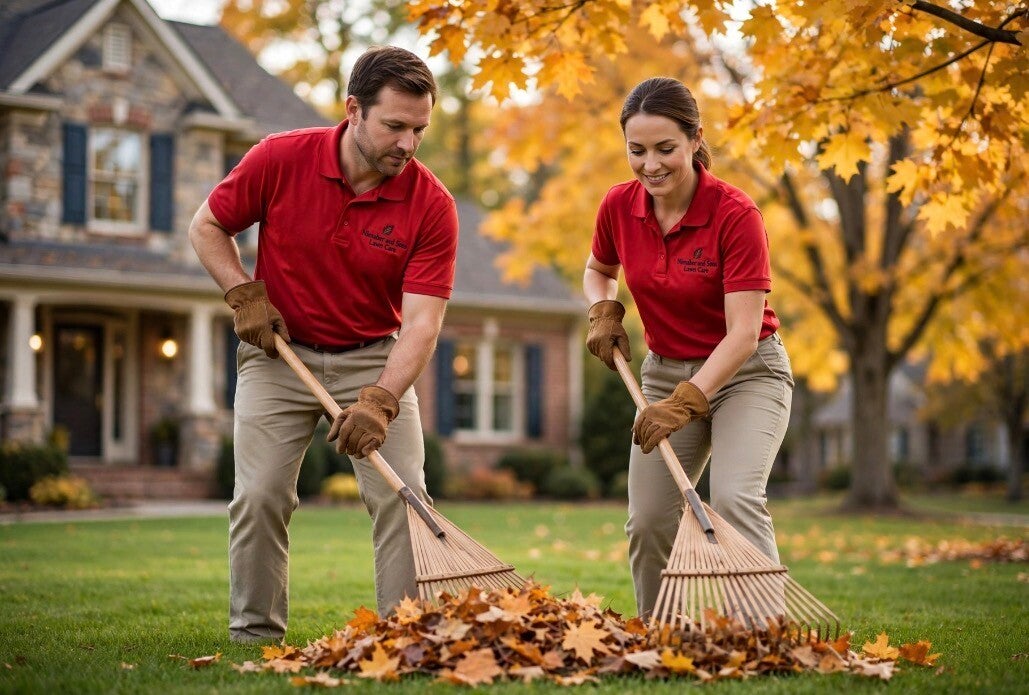 Fall leaf cleanup service Cincinnati Ohio - Nienaber and Sons Lawn Care team raking leaves