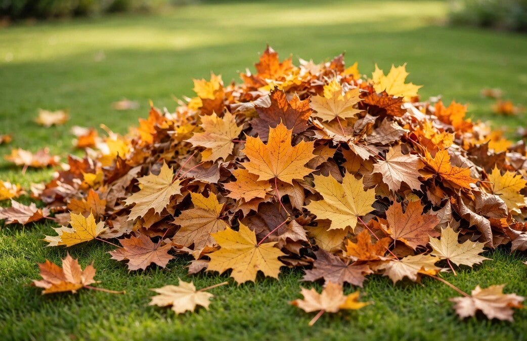 Fall leaf pile on lawn Cincinnati Ohio - fall cleanup and leaf removal service
