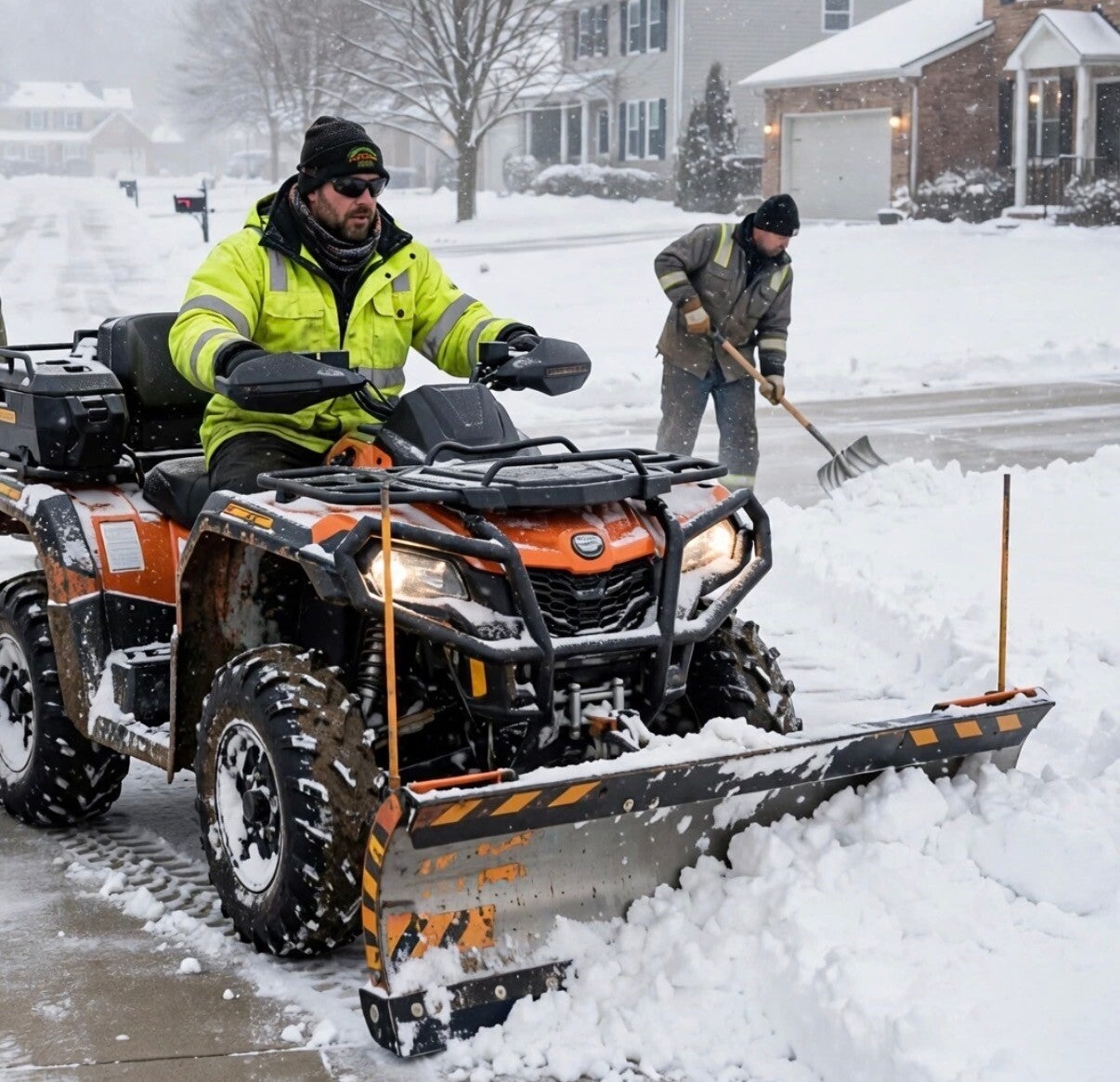 snow removal quad plow clearing long driveway in Mason OH winter