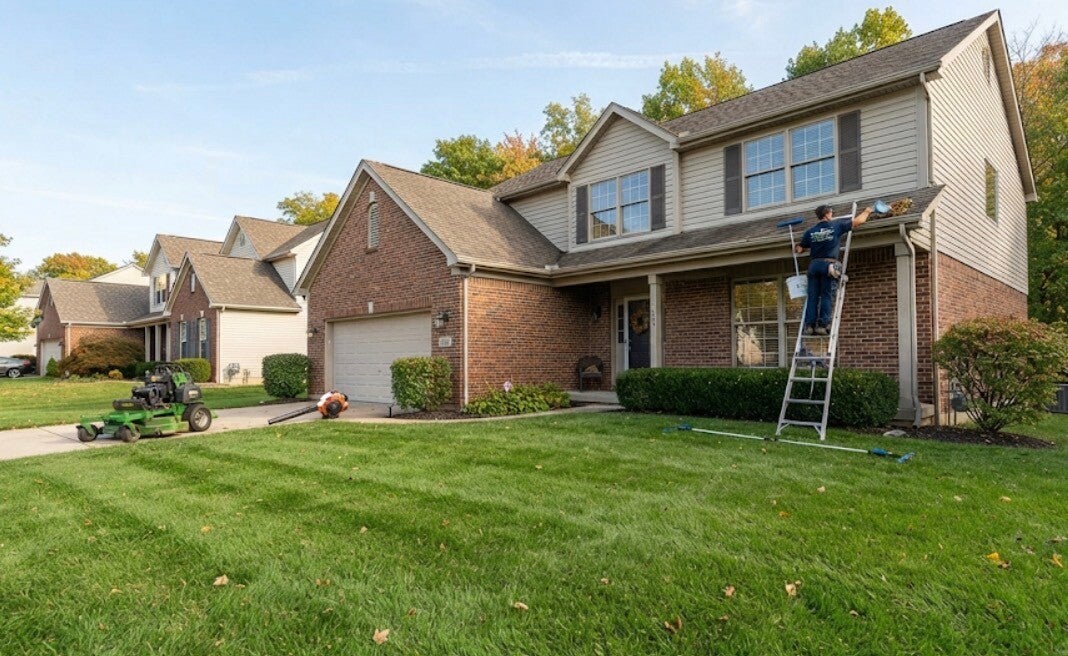 Professional lawn care technician mowing turf and clearing gutters on a two-story brick home in Cincinnati during early autumn.