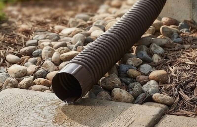 Downspout extension properly directing water away from a residential foundation to prevent damage.