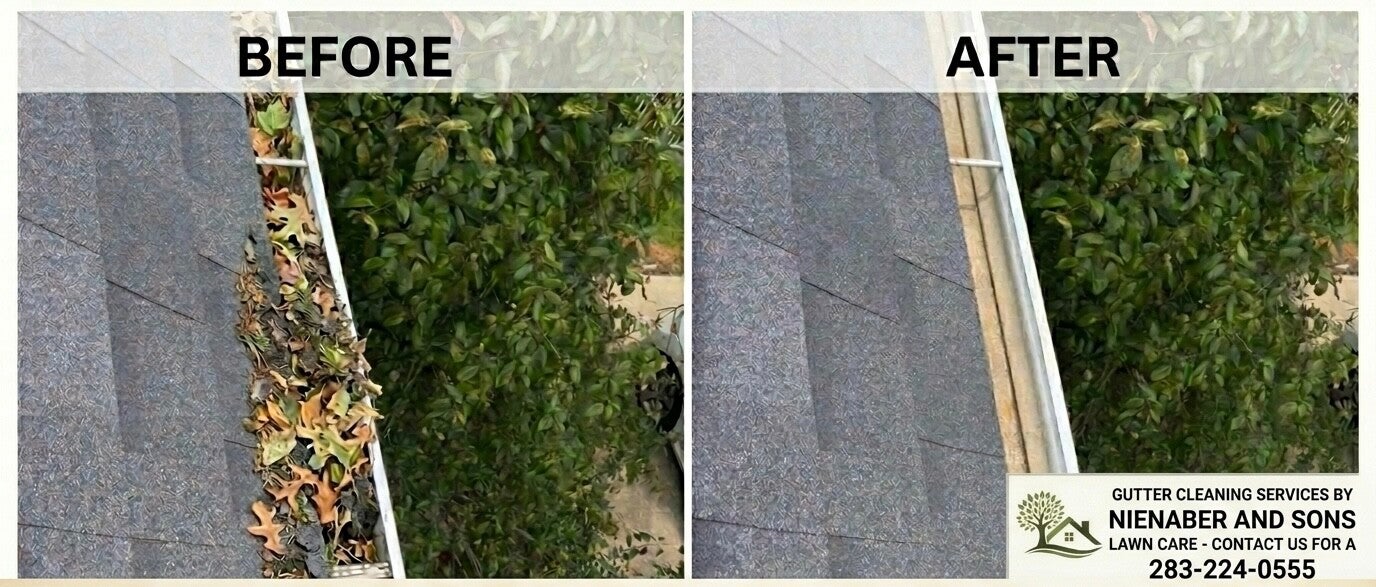 Before and after gutter cleaning photo in Cincinnati Ohio by Nienaber And Sons Lawn Care